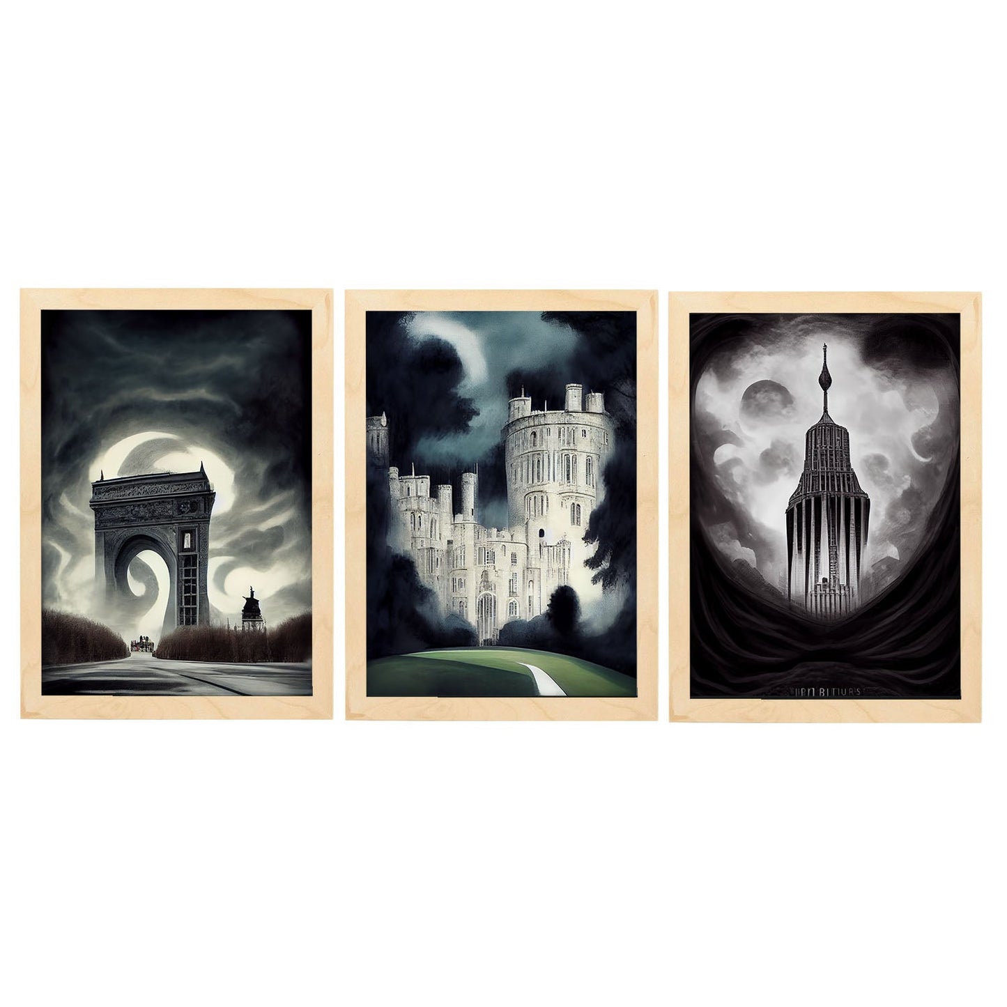 Burton style Illustrations of monuments and cities inspired by Burton's Dark and Goth art Interior Design and Decoration Set Collection 2-Artwork-Nacnic-A4-Marco Madera clara-Nacnic Estudio SL
