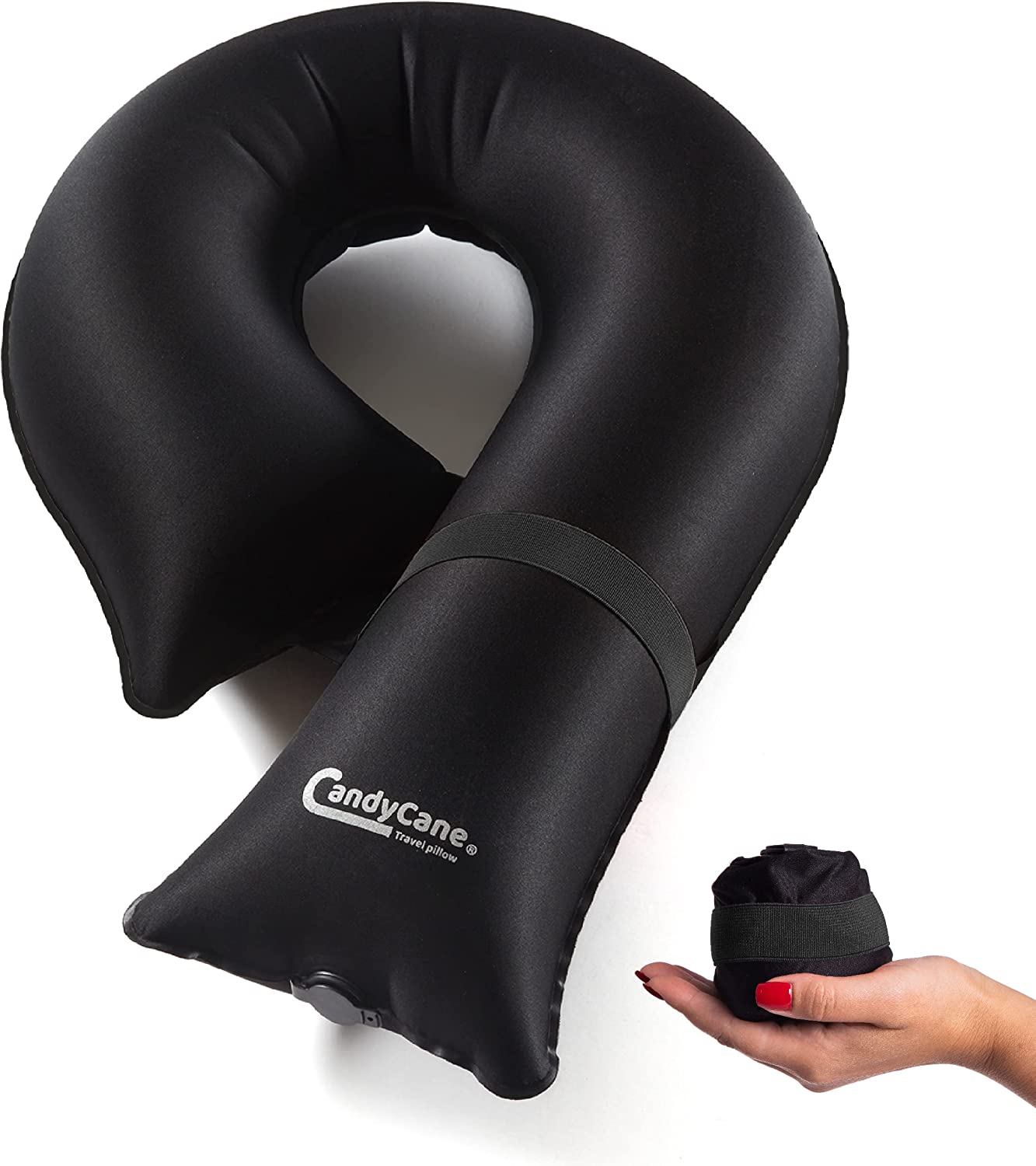 CANDY CANE Almohada de viaje inflable, diseño innovador, soporte de cuello y barbilla para aviones, coche y hogar, bolsa de transporte, lavado a mano (negro)