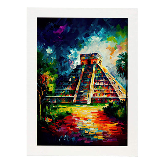 Chichen nacnico itza yucatan mexico pincel de pintura al óleo. Estampados de arte de pared estético para el diseño de dormitorio o sala de estar.-Artwork-Nacnic-A4-Marco Blanco-Nacnic Estudio SL