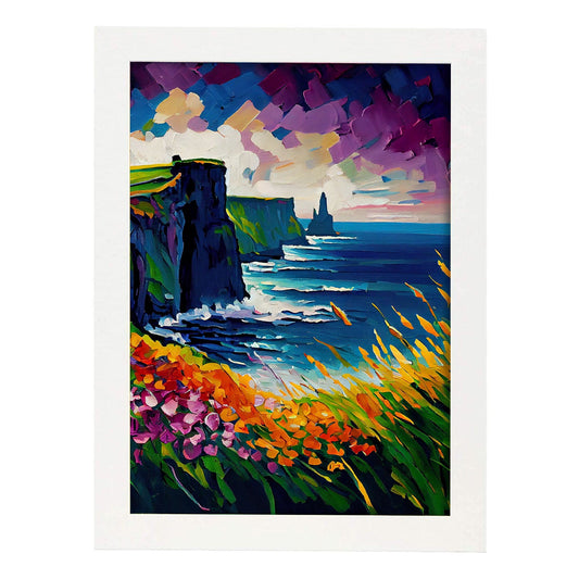 Cliffs nacnic del condado de Moher Clare Irlanda Pintura al óleo Br. Estampados de arte de pared estético para el diseño de dormitorio o sala de estar.-Artwork-Nacnic-A4-Marco Blanco-Nacnic Estudio SL