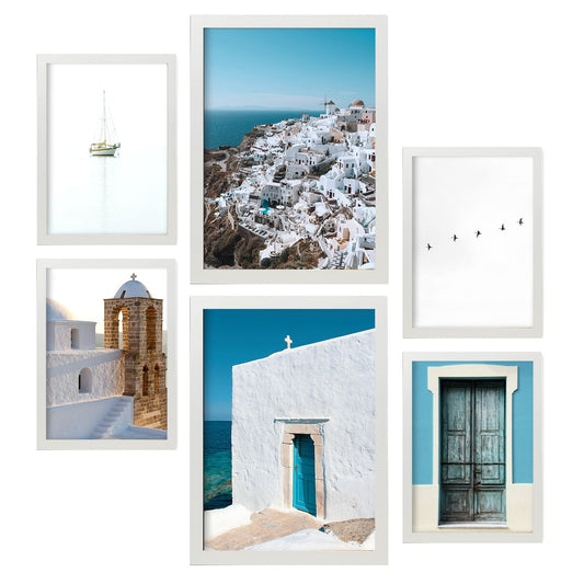 - Conjunto 6 Pósters Fotografía Islas Griegas - Láminas Impresión Arte Mural Verano en Grecia - Decoración Hogar - Tamaños A3 y A4.-Artwork-Nacnic-Marco Blanco-Nacnic Estudio SL