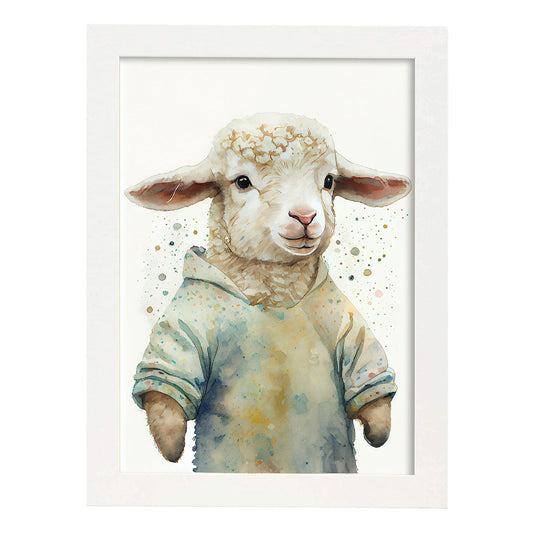 Cordero de bebé nacnico sobre fondo blanco sonriendo con un poco de h. Estampados de arte de pared estético para el diseño de dormitorio o sala de estar.-Artwork-Nacnic-A4-Marco Blanco-Nacnic Estudio SL