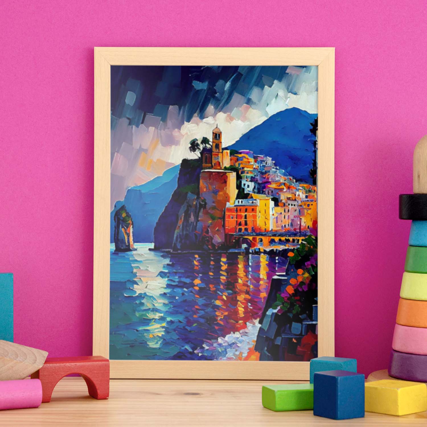 Costa de pintura al óleo de Amalfi Nacnic Amalfi Strokes Colorf. Estampados de arte de pared estético para el diseño de dormitorio o sala de estar.-Artwork-Nacnic-Nacnic Estudio SL