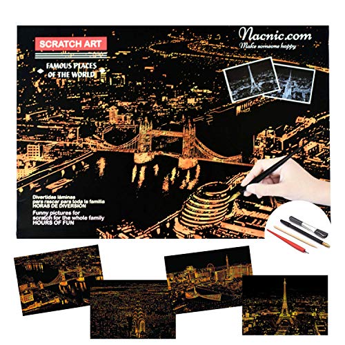 Dibujos para rascar. Paris Londres Las Vegas Nueva York. Láminas con fondo colorido para rascar. Scratch Painting. Manualidad rascar Serie ciudades.Hojas de rascar. Sets de 4 hojas de 40.5*28.5cm-Nacnic-Nacnic Estudio SL