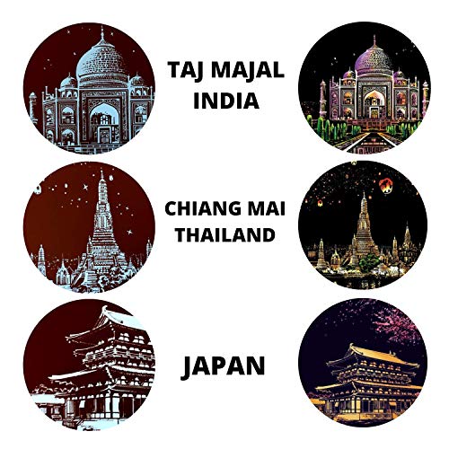 Dibujos para rascar.Taj Mahal Chiang Mai, Tailandia. Láminas con fondo colorido para rascar. Scratch Painting. Manualidad para rascar Serie ciudades.Hojas de rascar. Sets de 3 hojas de 40.5*28.5cm-Nacnic-Nacnic Estudio SL