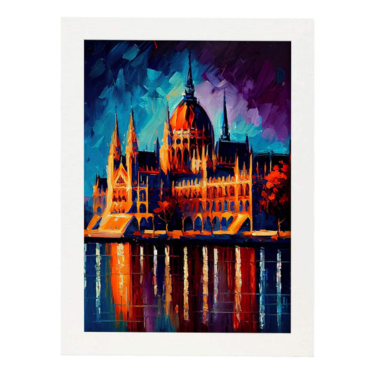 Edificio del Parlamento Húngaro Nacnico Budapest Hungry Oil p. Estampados de arte de pared estético para el diseño de dormitorio o sala de estar.-Artwork-Nacnic-A4-Marco Blanco-Nacnic Estudio SL