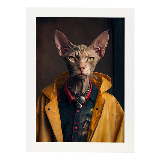 El gato nacnico Peterbald se vistió con el accesor de ropa humana. Estampados de arte de pared estético para el diseño de dormitorio o sala de estar.-Artwork-Nacnic-A4-Marco Blanco-Nacnic Estudio SL