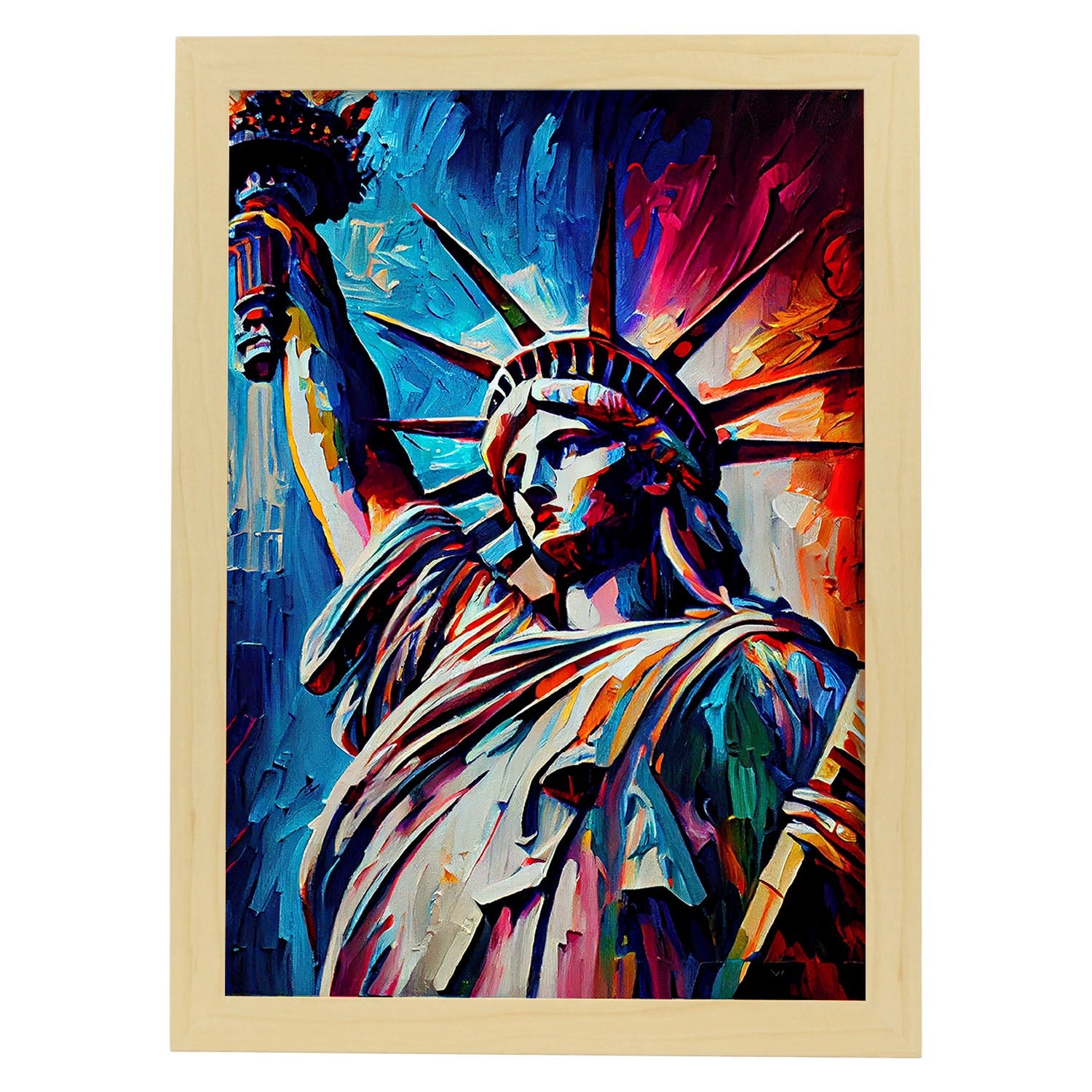 Estatua de Libertad Nacnic NYC New York USA Pintura al óleo Brus. Estampados de arte de pared estético para el diseño de dormitorio o sala de estar.-Artwork-Nacnic-A4-Marco Madera clara-Nacnic Estudio SL