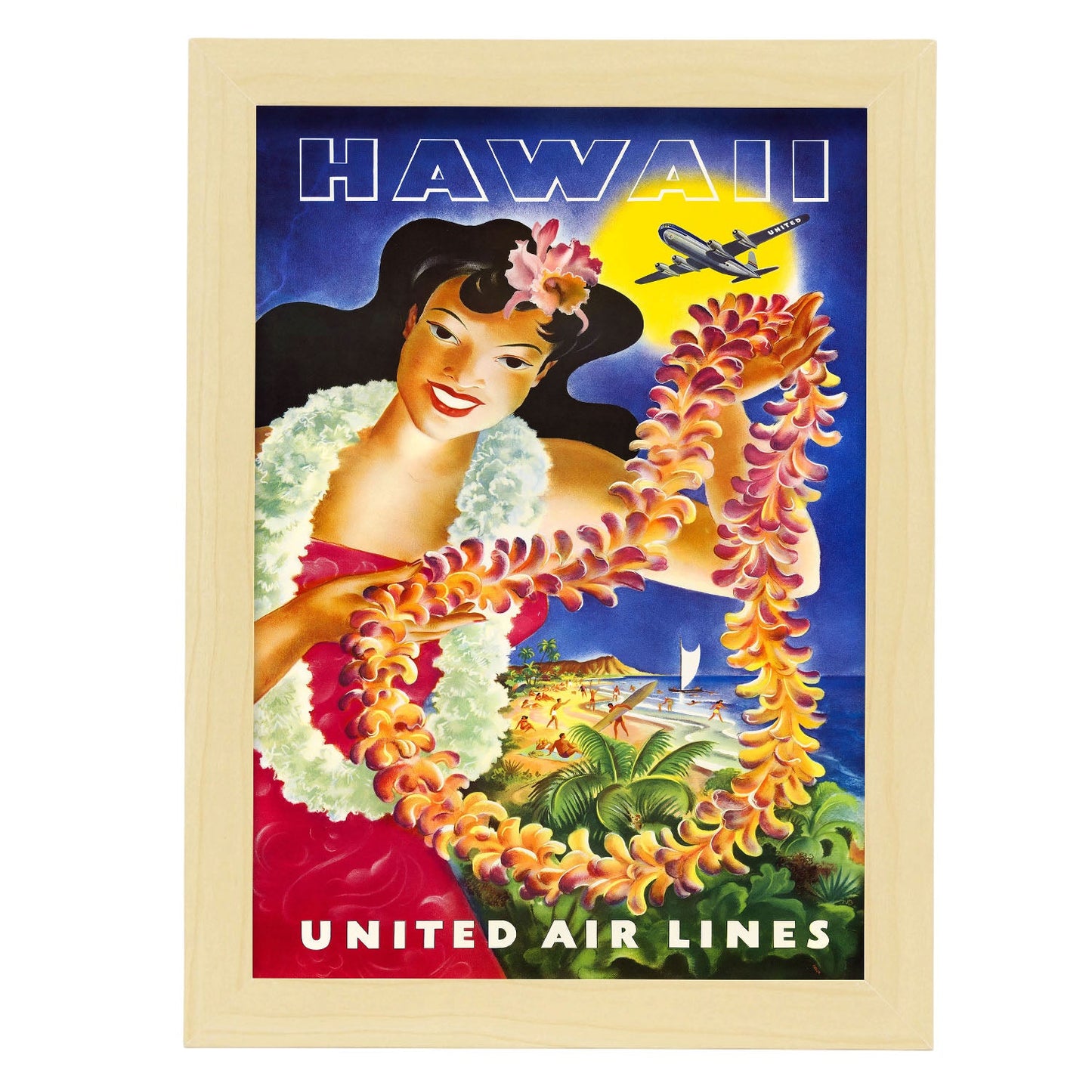 Hawaii_United_Air_Lines_Hawaiian_Girl_with_Leis-Artwork-Nacnic-A4-Marco Madera clara-Nacnic Estudio SL