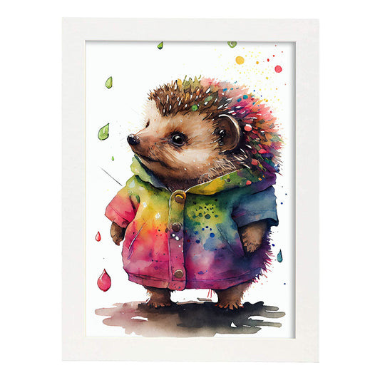 Hedgehog Hogdet Nacnic Baby sobre fondo blanco sonriendo 1. estampados de arte estético de pared para el diseño de dormitorio o sala de estar.-Artwork-Nacnic-A4-Marco Blanco-Nacnic Estudio SL