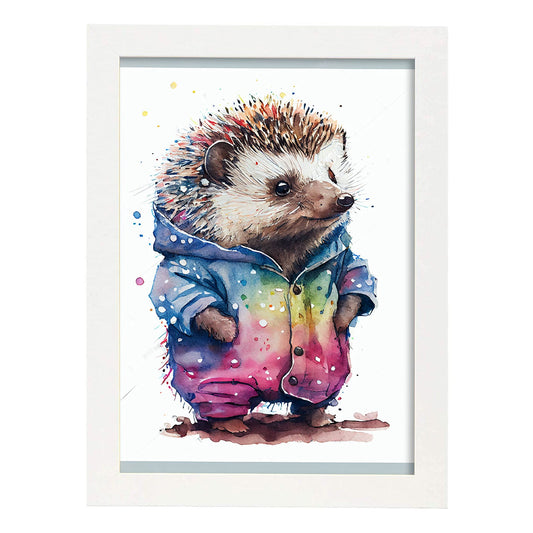 Hedgehog Hogdet Nacnic Baby sobre fondo blanco sonriendo 2. estampados de arte estético de pared para el diseño de dormitorio o sala de estar.-Artwork-Nacnic-A4-Marco Blanco-Nacnic Estudio SL