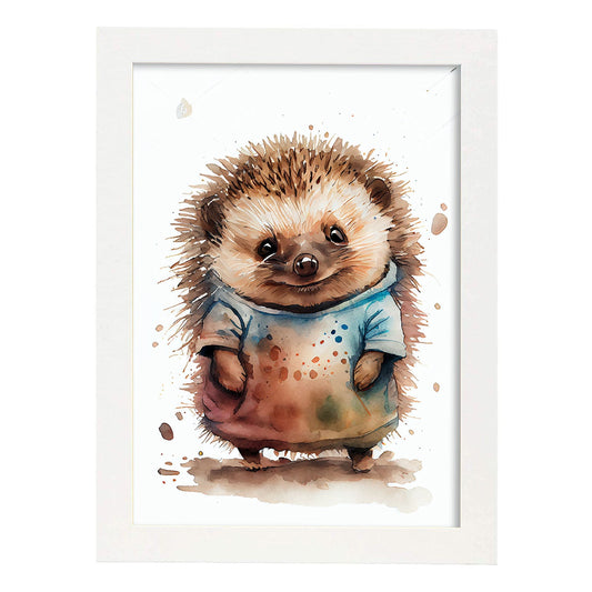 Hedgehog Hoglet nacnic Baby sobre fondo blanco WEA sonriente. Estampados de arte de pared estético para el diseño de dormitorio o sala de estar.-Artwork-Nacnic-A4-Marco Blanco-Nacnic Estudio SL