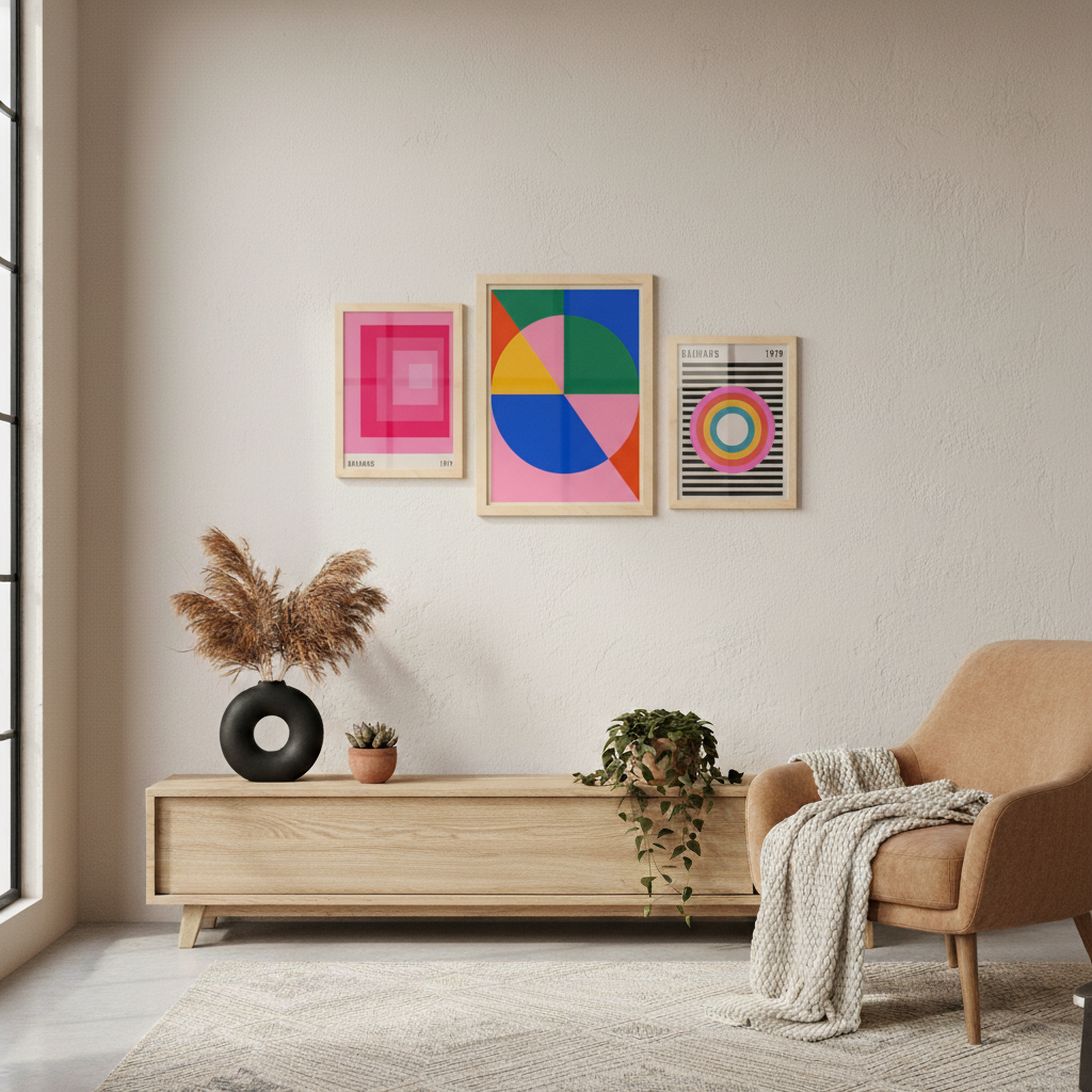 Set de 6 pósters Bauhaus con formas geométricas coloridas estilo moderno abstracto – ideal para salón, despacho, dormitorio o espacios creativos – círculos, ojos, líneas y bloques en rosa, rojo, azul, verde, amarillo, naranja