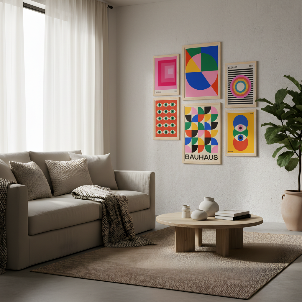 Set de 6 pósters Bauhaus con formas geométricas coloridas estilo moderno abstracto – ideal para salón, despacho, dormitorio o espacios creativos – círculos, ojos, líneas y bloques en rosa, rojo, azul, verde, amarillo, naranja