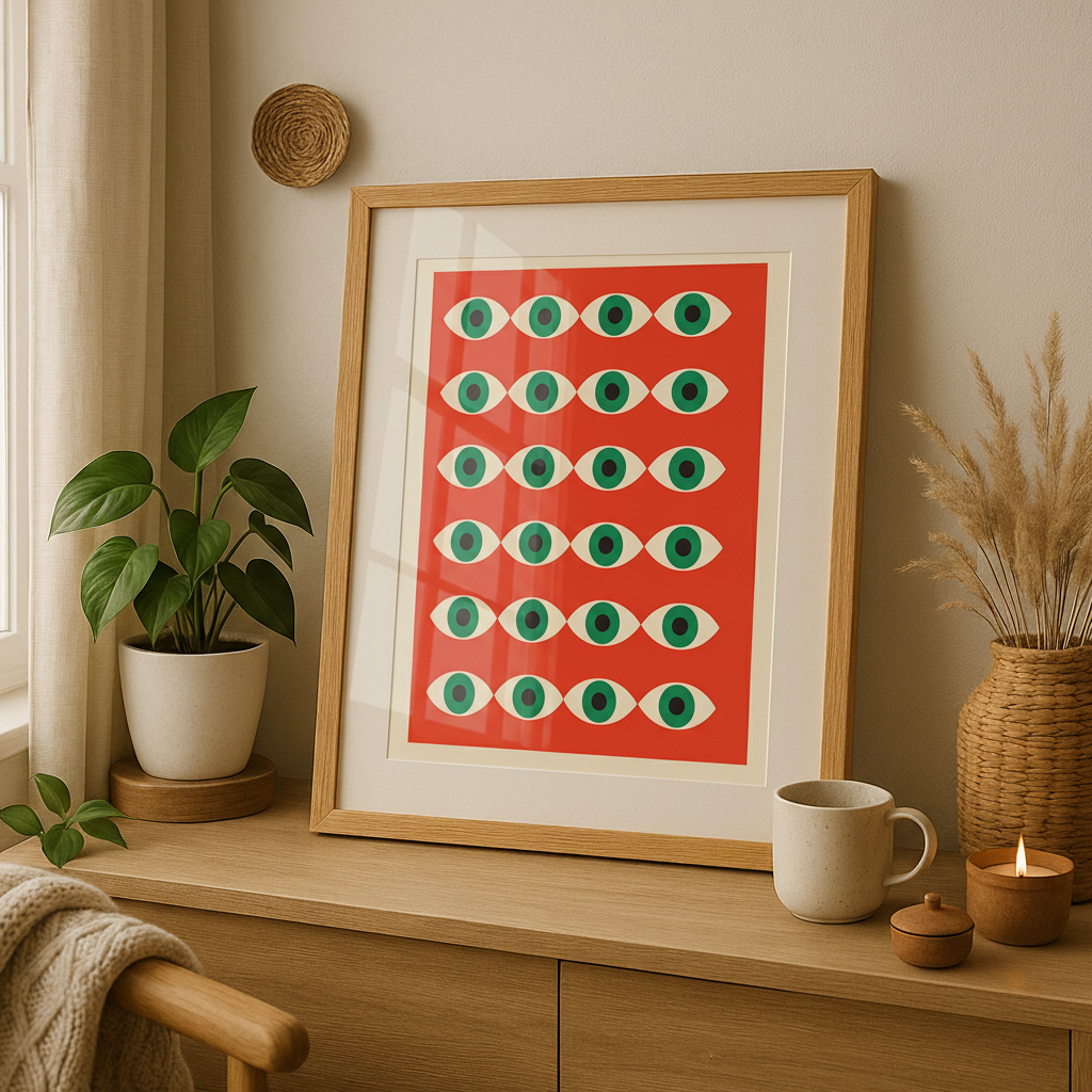 Set de 6 pósters Bauhaus con formas geométricas coloridas estilo moderno abstracto – ideal para salón, despacho, dormitorio o espacios creativos – círculos, ojos, líneas y bloques en rosa, rojo, azul, verde, amarillo, naranja