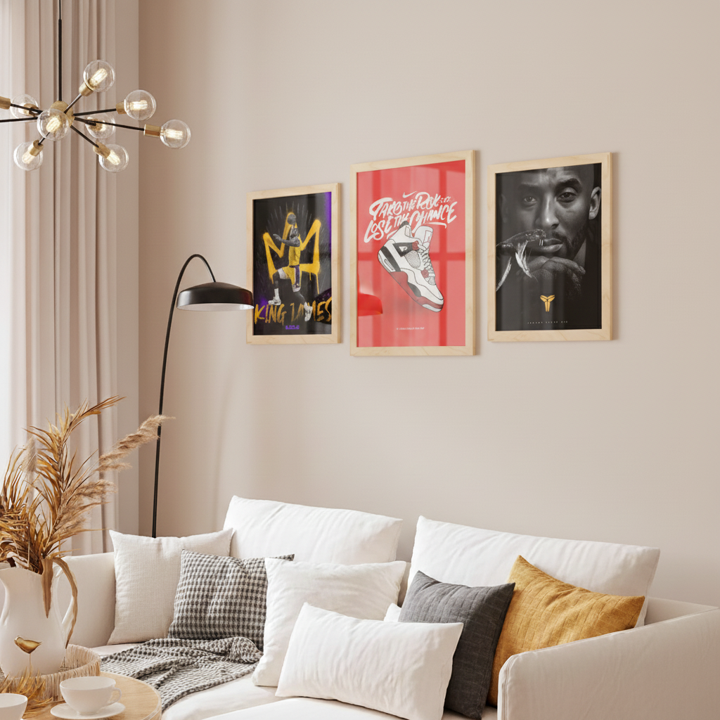 Set de 6 pósters de baloncesto con ilustraciones icónicas de estilo urbano en negro, rojo y amarillo para decorar habitaciones modernas, oficinas o tiendas: Jordan, King James, Kobe, zapatillas Nike – 2 grandes y 4 medianas