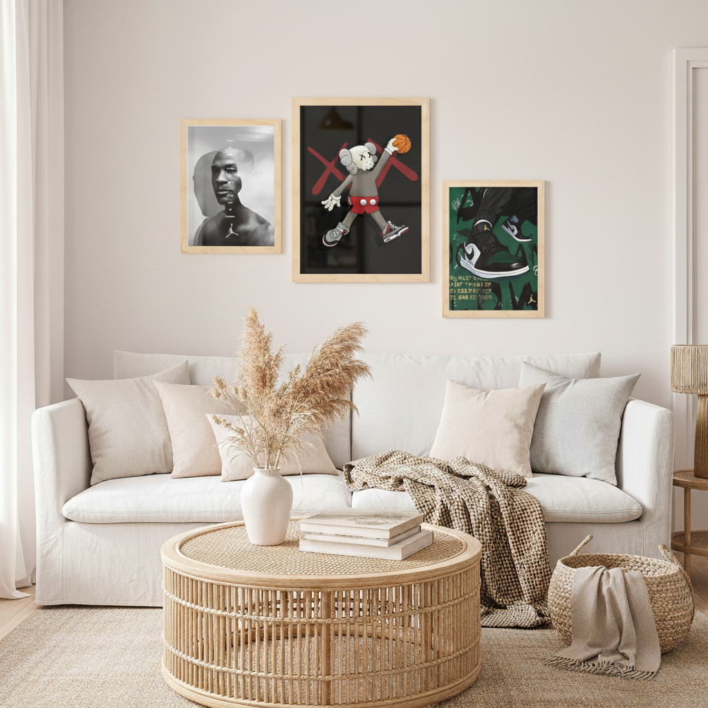 Set de 6 pósters de baloncesto con ilustraciones icónicas de estilo urbano en negro, rojo y amarillo para decorar habitaciones modernas, oficinas o tiendas: Jordan, King James, Kobe, zapatillas Nike – 2 grandes y 4 medianas