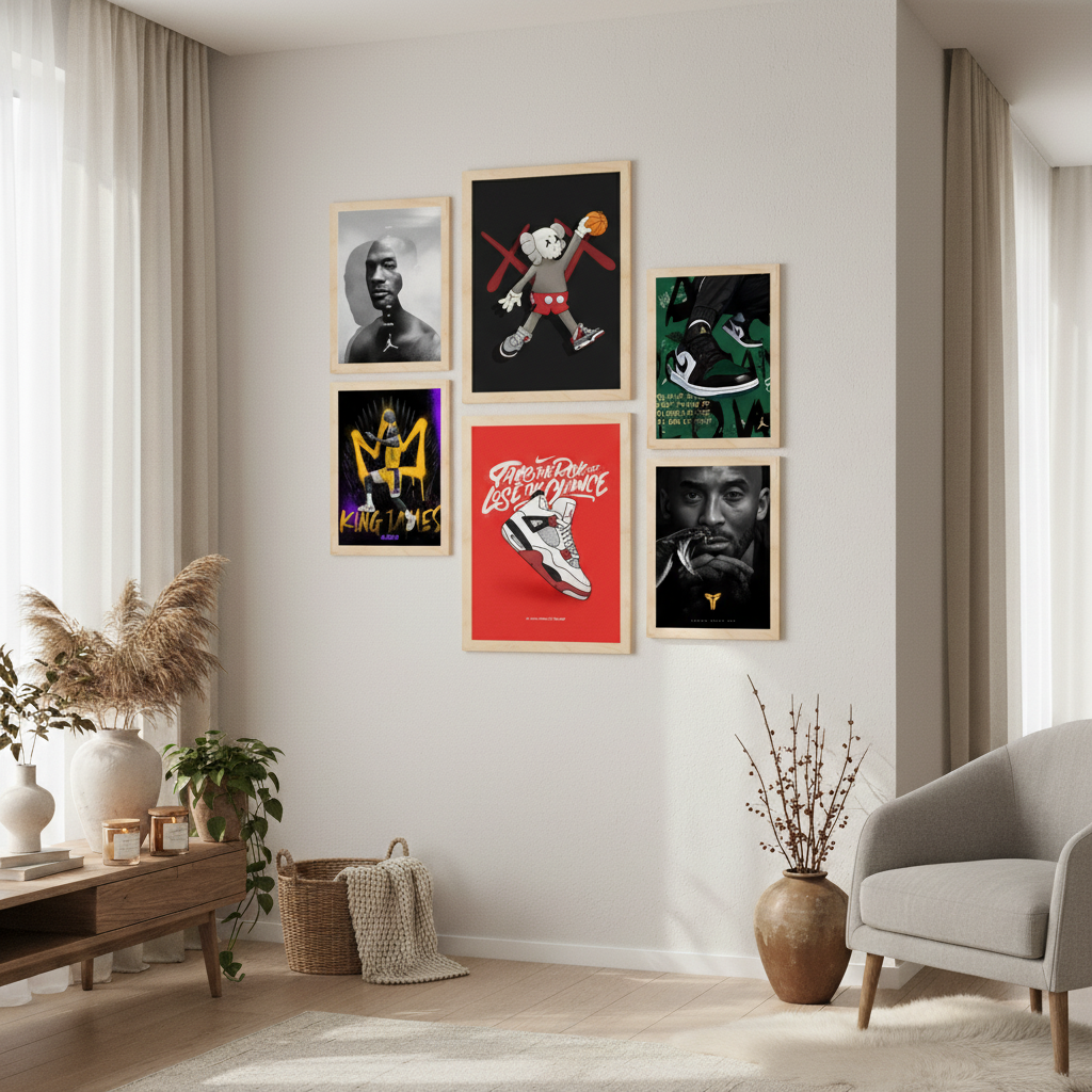 Set de 6 pósters de baloncesto con ilustraciones icónicas de estilo urbano en negro, rojo y amarillo para decorar habitaciones modernas, oficinas o tiendas: Jordan, King James, Kobe, zapatillas Nike – 2 grandes y 4 medianas