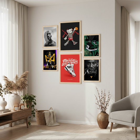 Set de 6 pósters de baloncesto con ilustraciones icónicas de estilo urbano en negro, rojo y amarillo para decorar habitaciones modernas, oficinas o tiendas: Jordan, King James, Kobe, zapatillas Nike – 2 grandes y 4 medianas