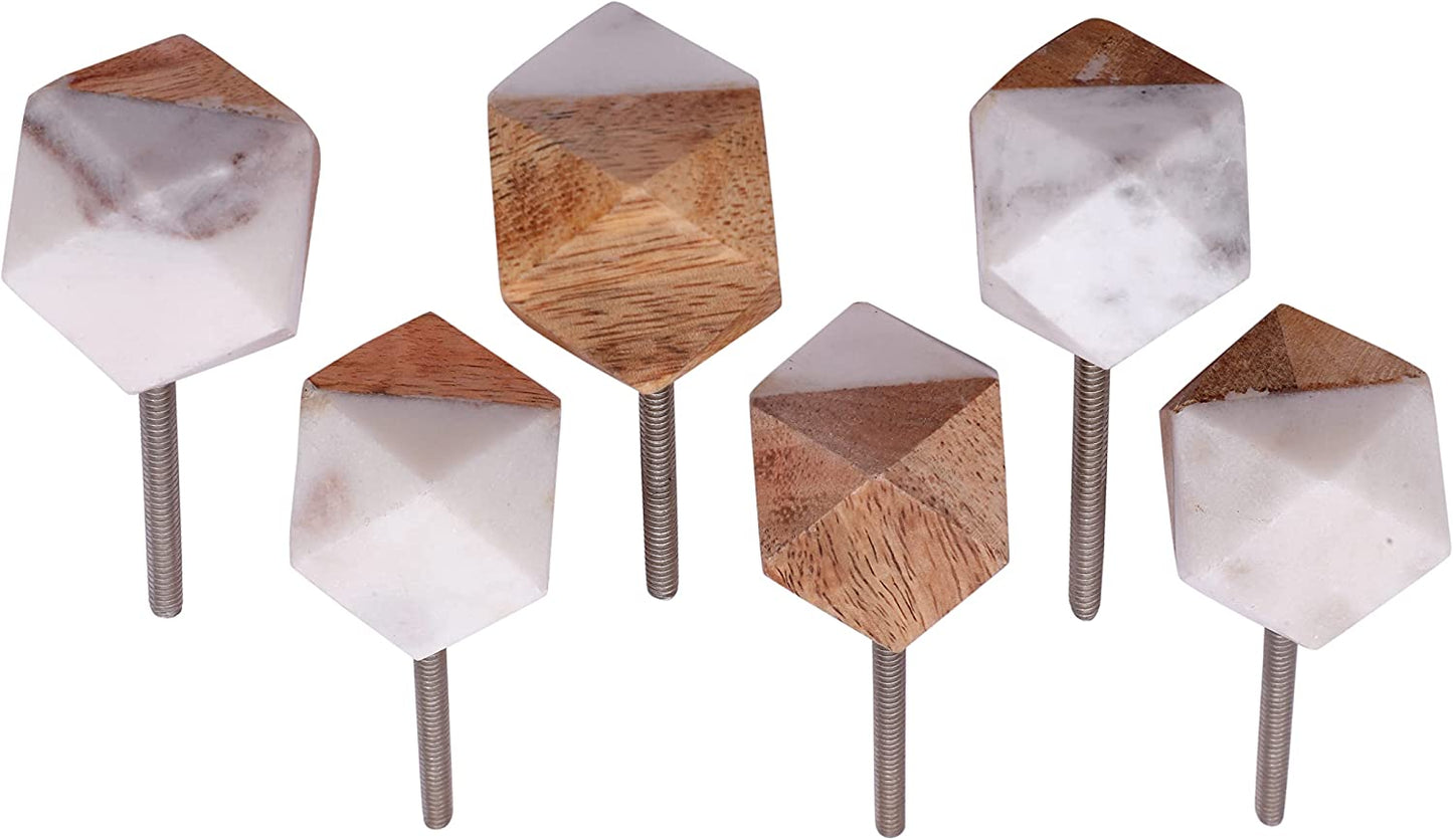 Juego de 6 pomos tiradores de piedra y madera con forma poliedro