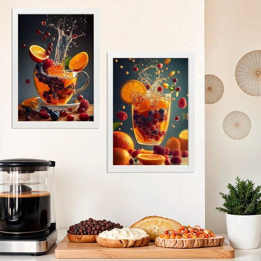 Set de 2 Cuadros de Colores con Té de Frutas Refrescantes Ilustración impresa en estilo Fotográfico para decorar las paredes de Cocina, Despensa, Comedor, Restaurante