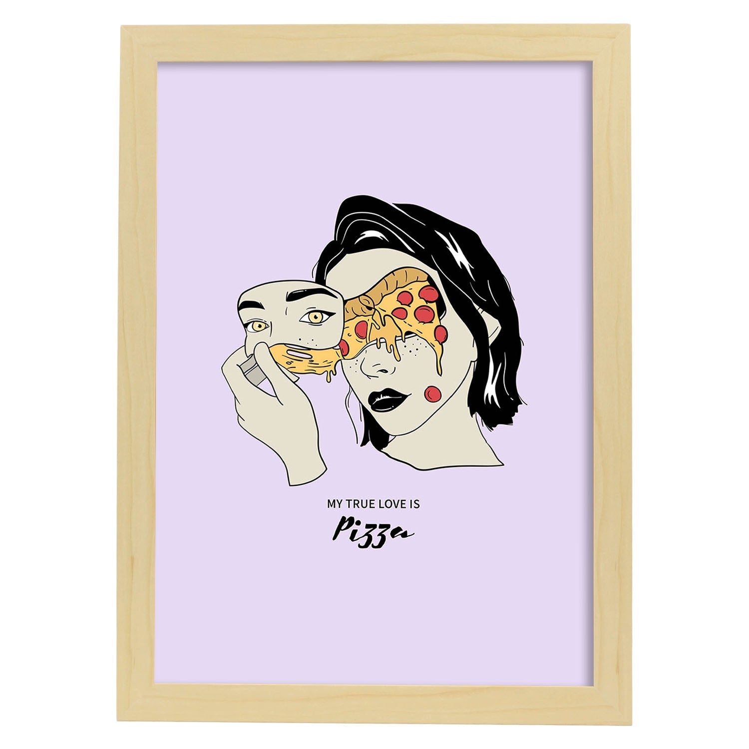 Lámina Amo la pizza. Pósters con ilustraciones artísticas de cabezas de mujer.-Artwork-Nacnic-A3-Marco Madera clara-Nacnic Estudio SL