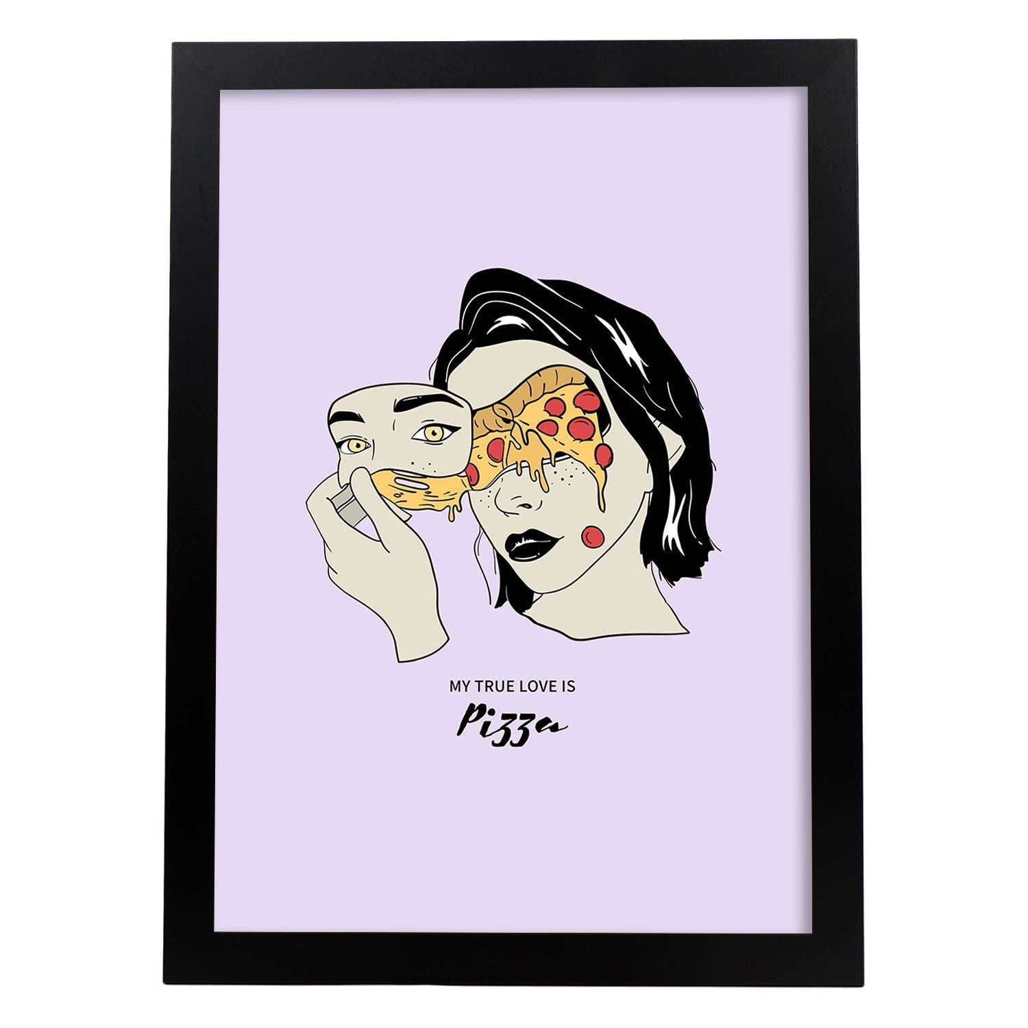 Lámina Amo la pizza. Pósters con ilustraciones artísticas de cabezas de mujer.-Artwork-Nacnic-A4-Marco Negro-Nacnic Estudio SL