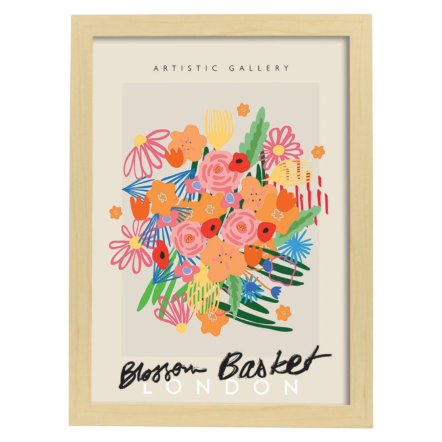 Lamina artistica decorativa con ilustración de Blossom Basket London estilo Abstracto-Artwork-Nacnic-A3-Marco Madera clara-Nacnic Estudio SL