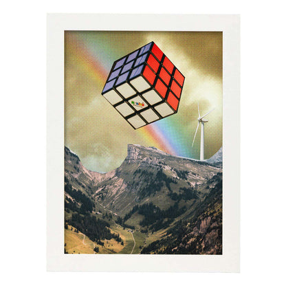 Lamina artistica decorativa con ilustración de Cubo de rubic estilo Collage-Artwork-Nacnic-A4-Marco Blanco-Nacnic Estudio SL