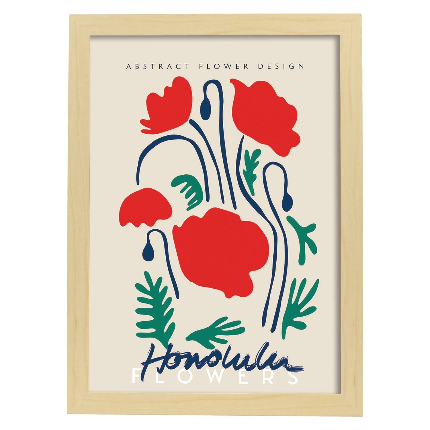 Lamina artistica decorativa con ilustración de Diseño floral abstracto Honolulu-Artwork-Nacnic-A3-Marco Madera clara-Nacnic Estudio SL