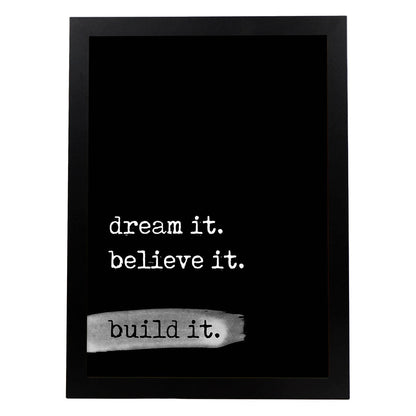 Lamina artistica decorativa con ilustración de dream it build it estilo Mensaje inspiracional-Artwork-Nacnic-A4-Marco Negro-Nacnic Estudio SL