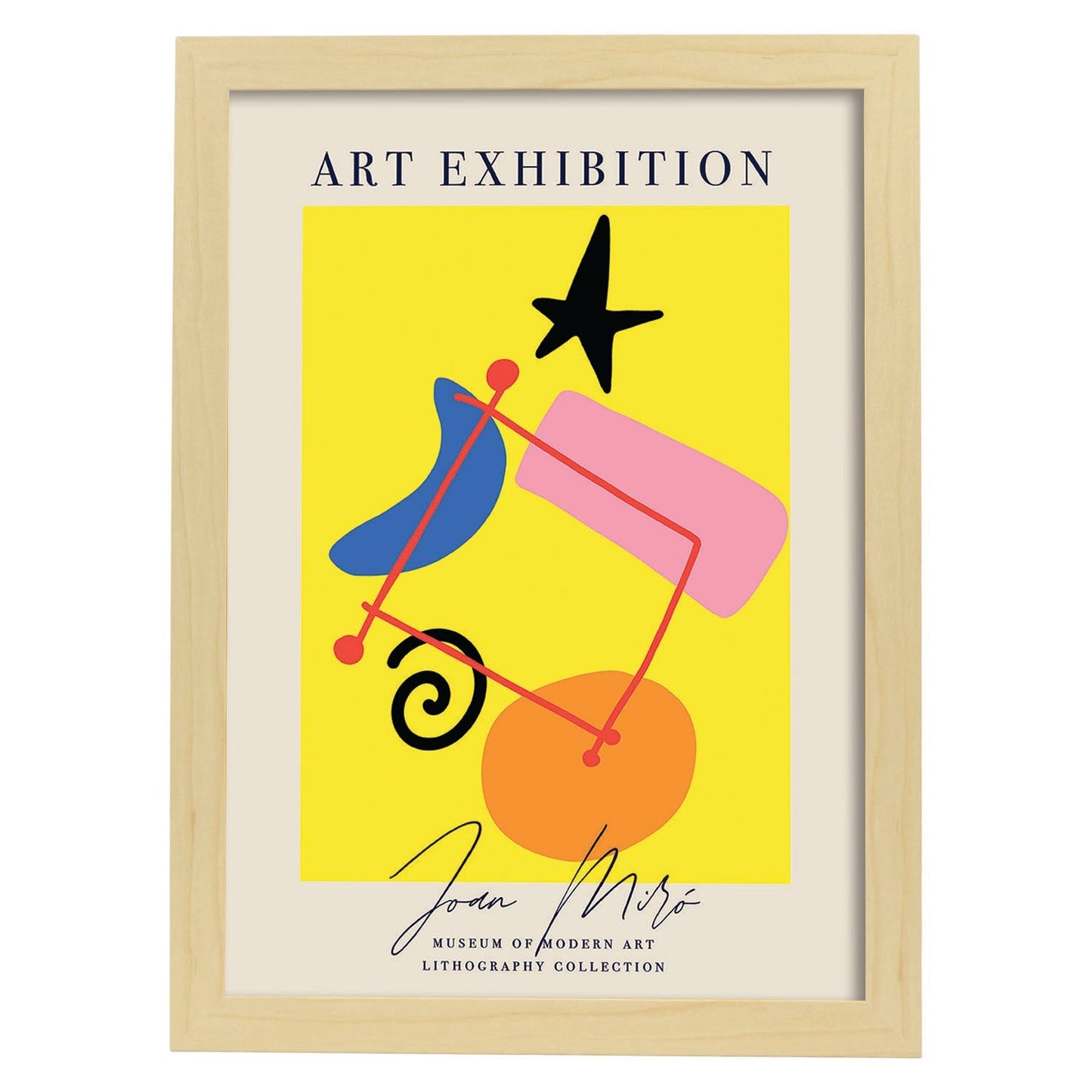 Lamina artistica decorativa con ilustración de Exposición Joan Miro 1 estilo Surrealista-Artwork-Nacnic-A3-Marco Madera clara-Nacnic Estudio SL