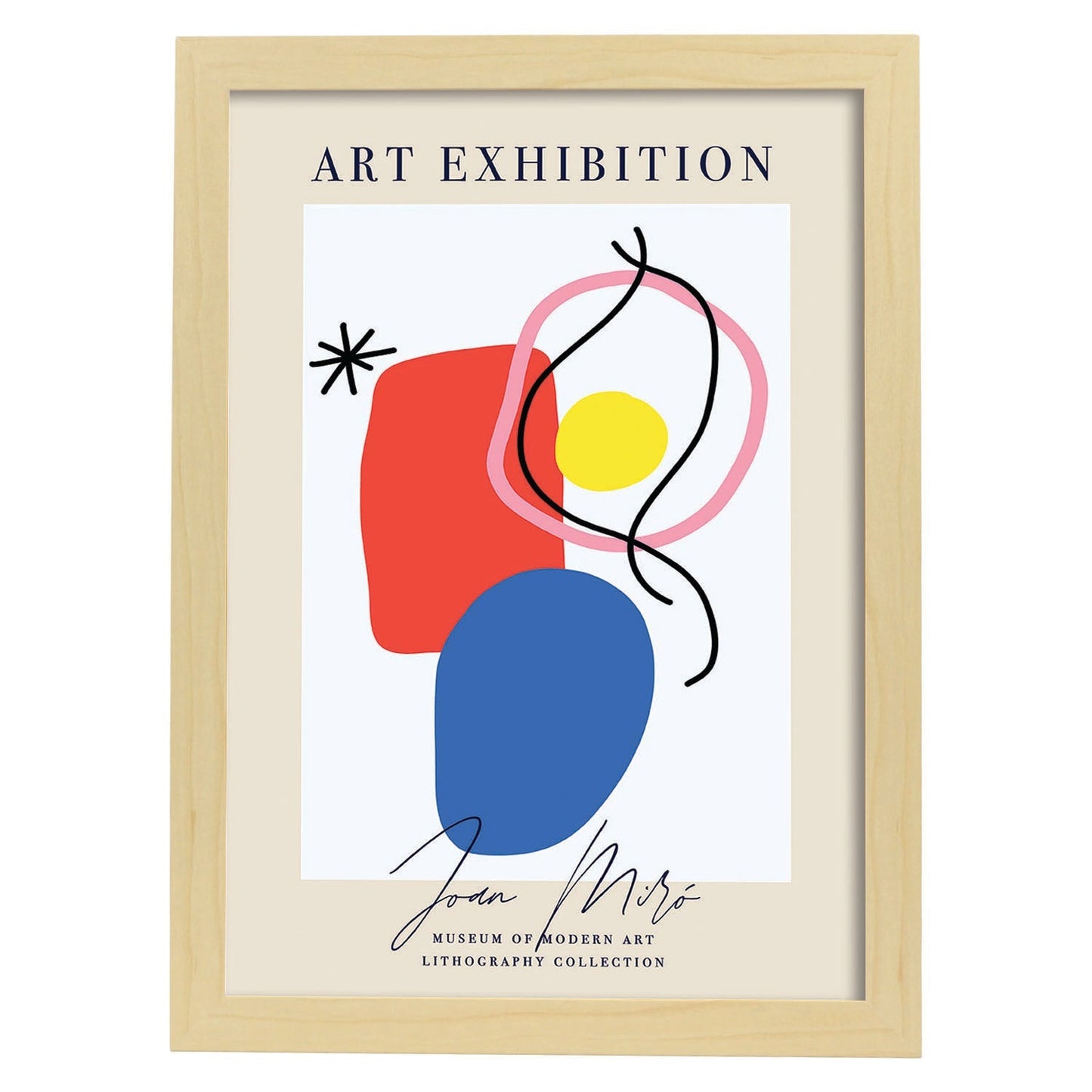Lamina artistica decorativa con ilustración de Exposición Joan Miro 2 estilo Surrealista-Artwork-Nacnic-A3-Marco Madera clara-Nacnic Estudio SL