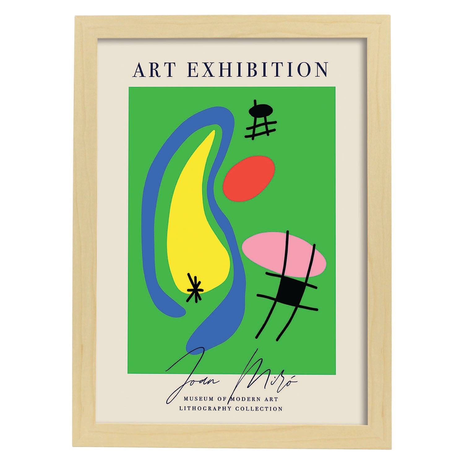 Lamina artistica decorativa con ilustración de Exposición Joan Miro 3 estilo Surrealista-Artwork-Nacnic-A4-Marco Madera clara-Nacnic Estudio SL
