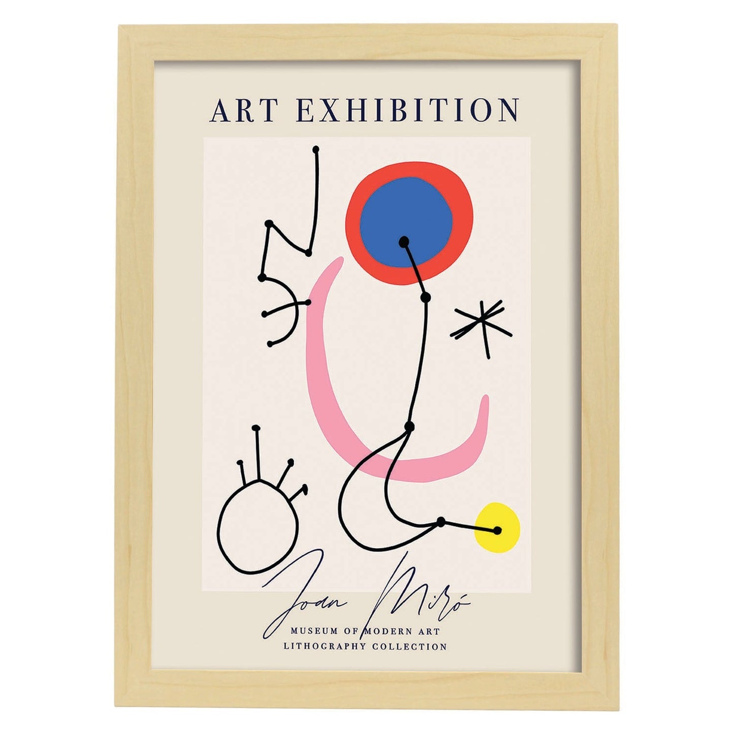 Lamina artistica decorativa con ilustración de Exposición Joan Miro 5 estilo Surrealista-Artwork-Nacnic-A4-Marco Madera clara-Nacnic Estudio SL