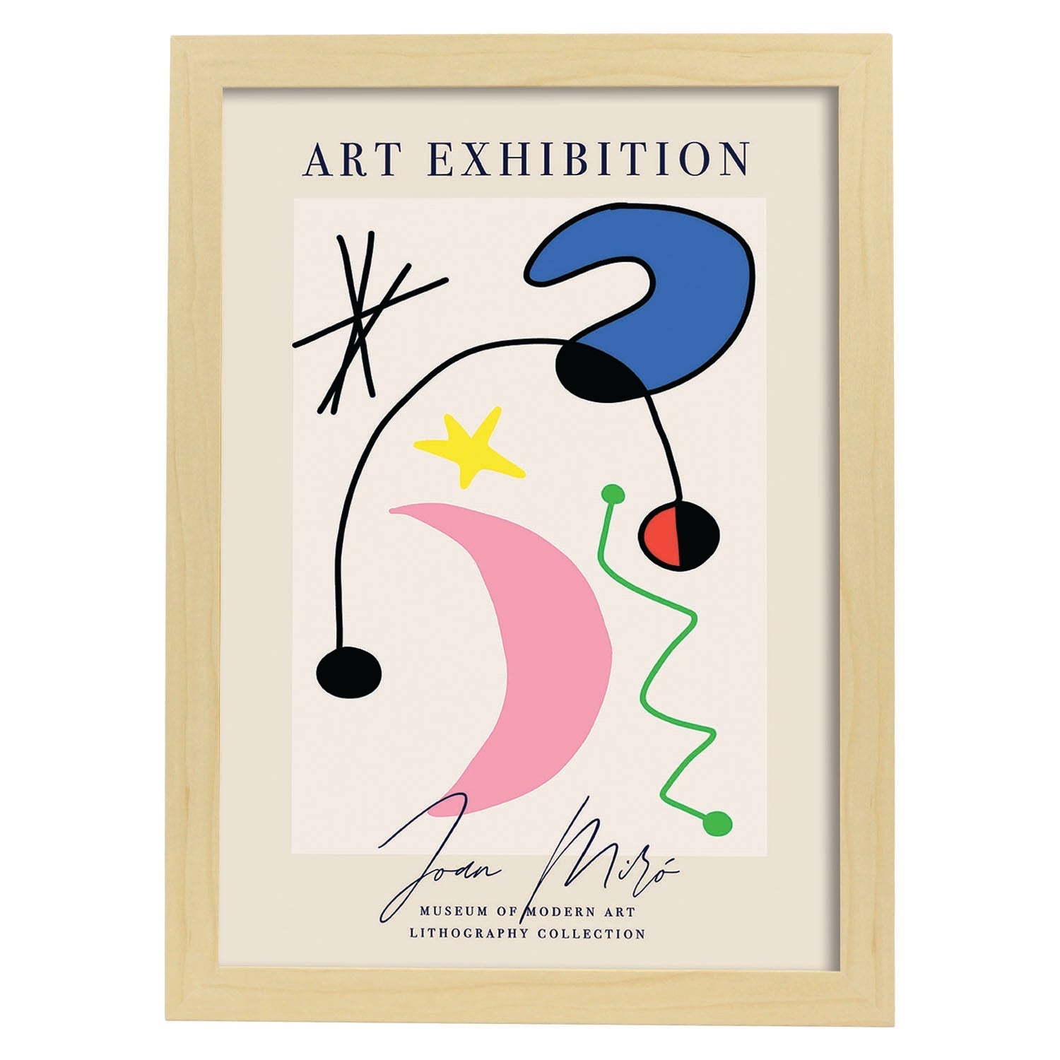 Lamina artistica decorativa con ilustración de Exposición Joan Miro 6 estilo Surrealista-Artwork-Nacnic-A3-Marco Madera clara-Nacnic Estudio SL