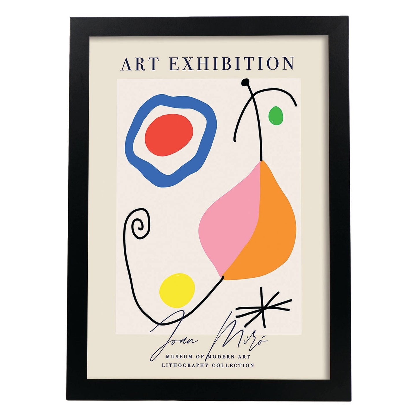 Lamina artistica decorativa con ilustración de Exposición Joan Miro 7 estilo Surrealista-Artwork-Nacnic-A4-Marco Negro-Nacnic Estudio SL