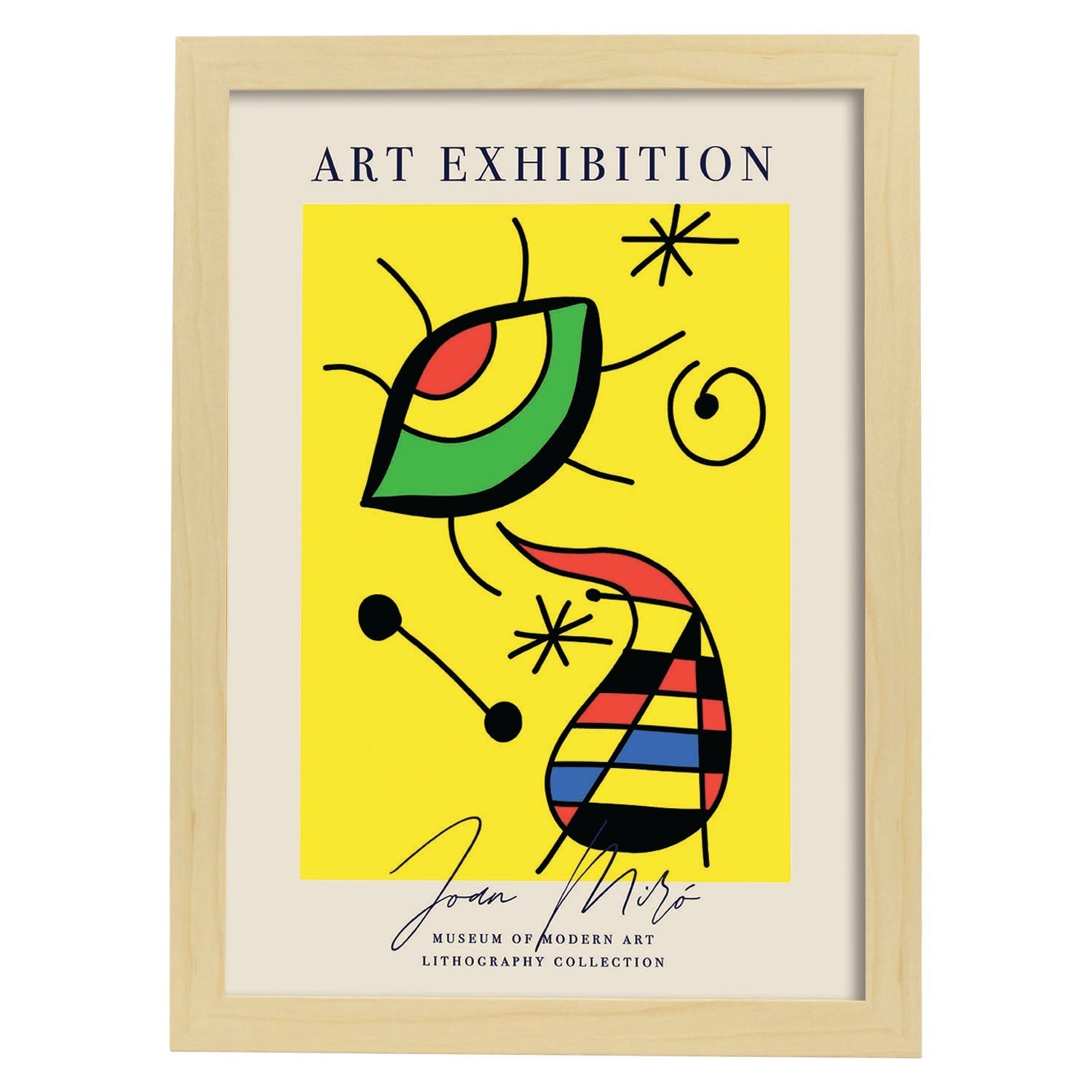Lamina artistica decorativa con ilustración de Exposición Joan Miro 8 estilo Surrealista-Artwork-Nacnic-A4-Marco Madera clara-Nacnic Estudio SL