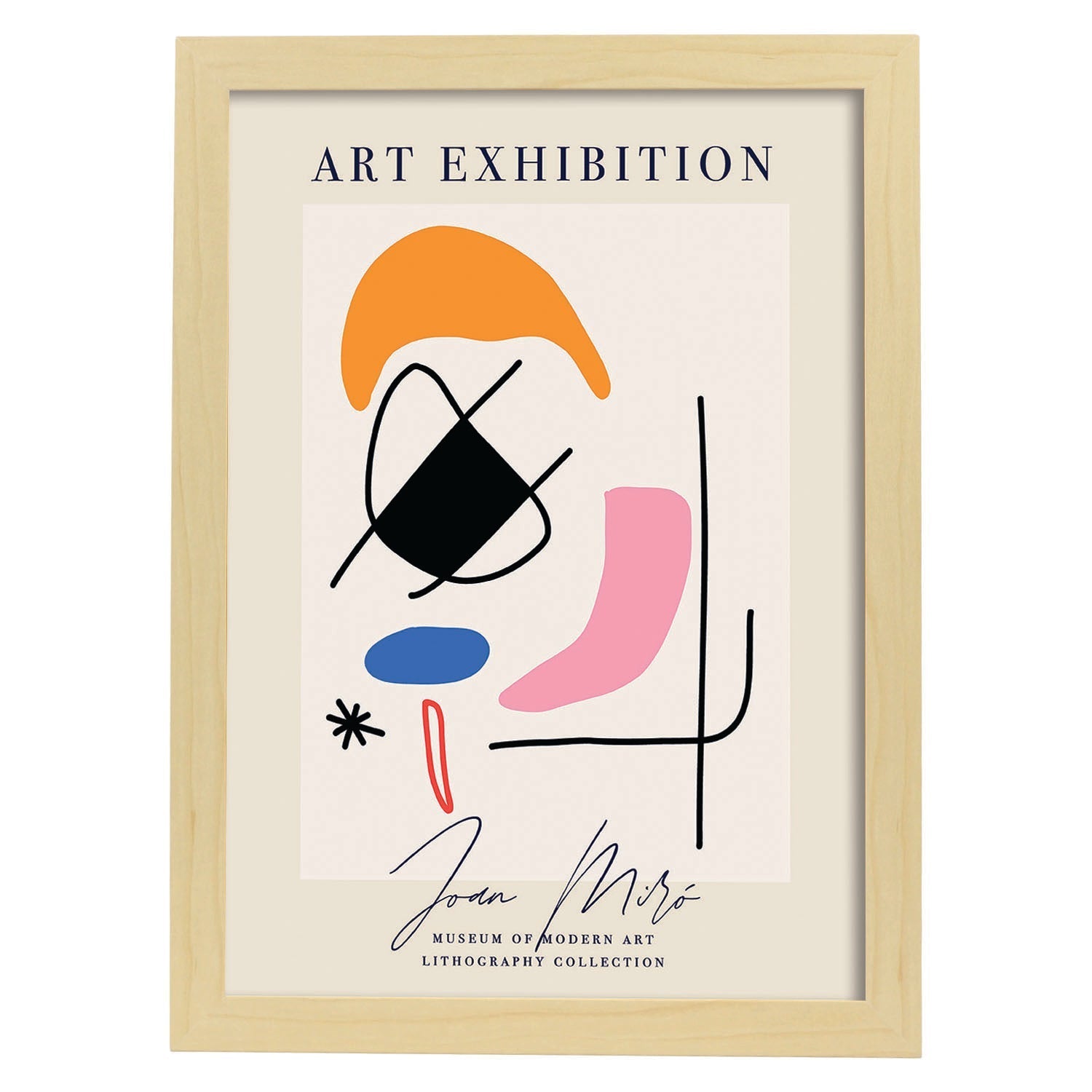 Lamina artistica decorativa con ilustración de Exposición Joan Miro 9 estilo Surrealista-Artwork-Nacnic-A4-Marco Madera clara-Nacnic Estudio SL