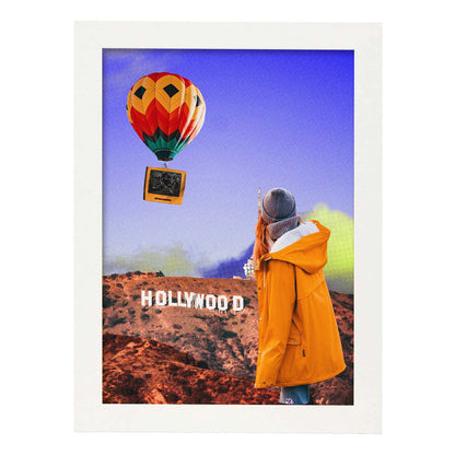 Lamina artistica decorativa con ilustración de Globo aerostático estilo Collage-Artwork-Nacnic-A4-Marco Blanco-Nacnic Estudio SL