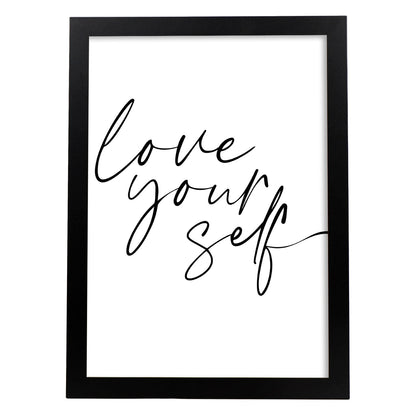 Lamina artistica decorativa con ilustración de love yourself estilo Mensaje inspiracional-Artwork-Nacnic-A4-Marco Negro-Nacnic Estudio SL