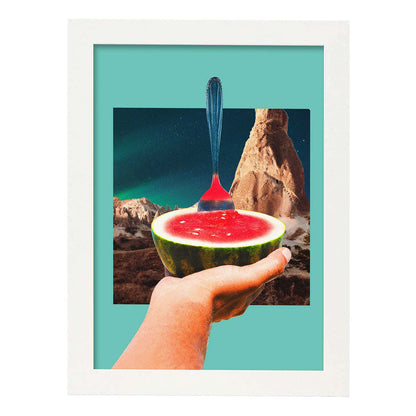 Lamina artistica decorativa con ilustración de Sandía estilo Collage-Artwork-Nacnic-A4-Marco Blanco-Nacnic Estudio SL