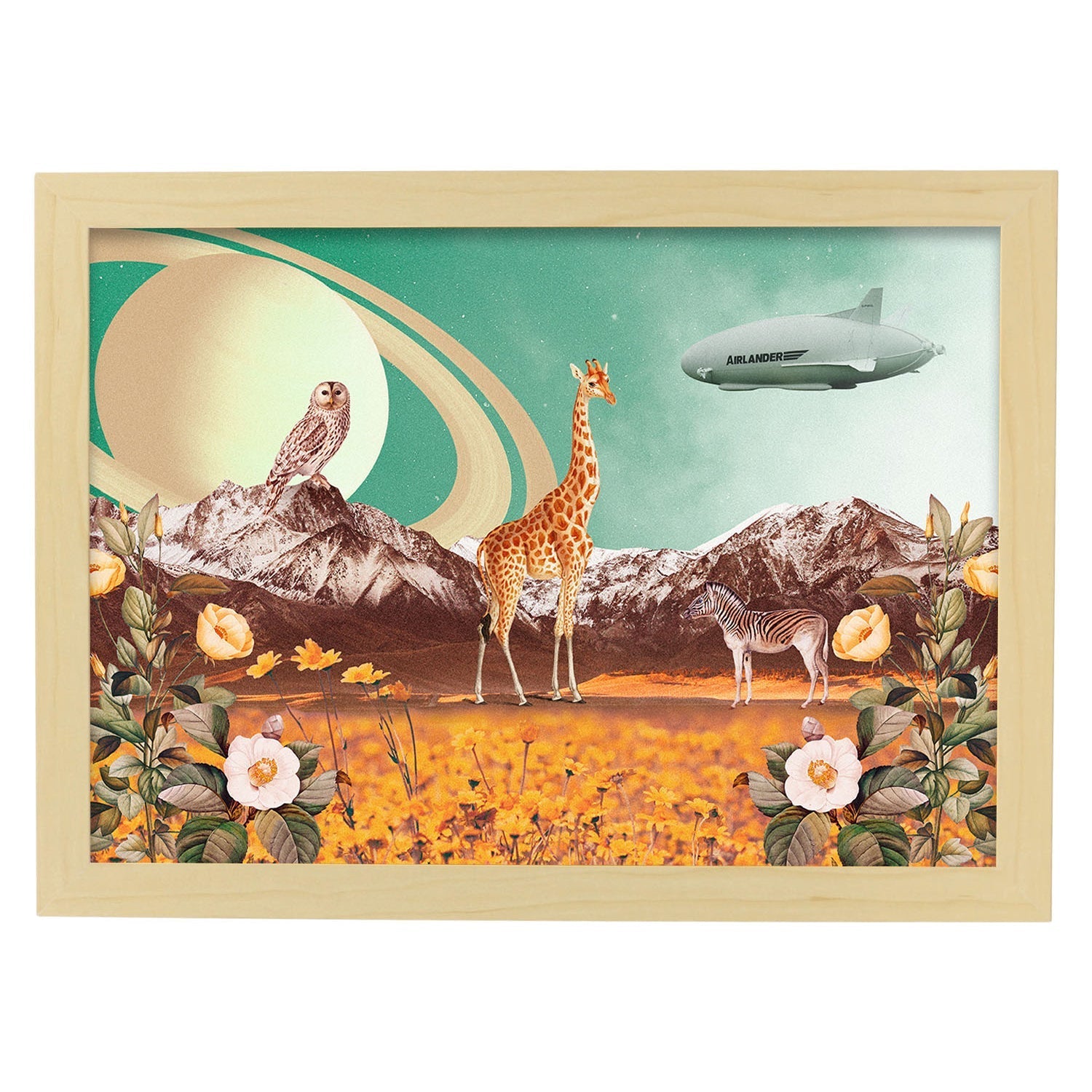 Lamina artistica decorativa con ilustración de Saturn estilo Collage-Artwork-Nacnic-A3-Marco Madera clara-Nacnic Estudio SL