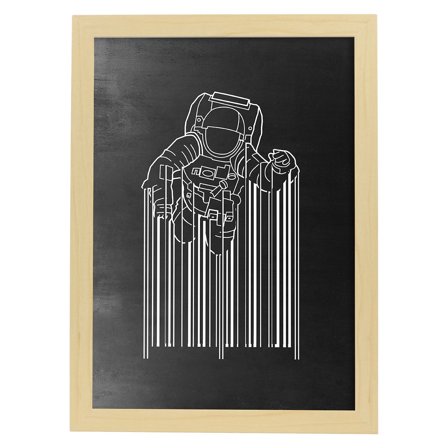 Lámina blanco y negro Astronauta codigo de barrasen Poster con fondo negro estilo pizarra. Papel 250 gr y tintas de alta calidad.-Artwork-Nacnic-A3-Marco Madera clara-Nacnic Estudio SL