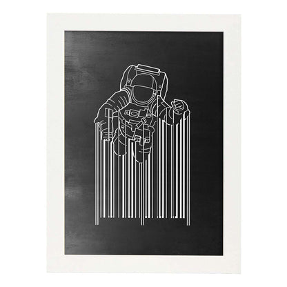 Lámina blanco y negro Astronauta codigo de barrasen Poster con fondo negro estilo pizarra. Papel 250 gr y tintas de alta calidad.-Artwork-Nacnic-A4-Marco Blanco-Nacnic Estudio SL