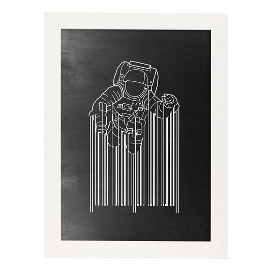 Lámina blanco y negro Astronauta codigo de barrasen Poster con fondo negro estilo pizarra. Papel 250 gr y tintas de alta calidad.-Artwork-Nacnic-A4-Marco Blanco-Nacnic Estudio SL