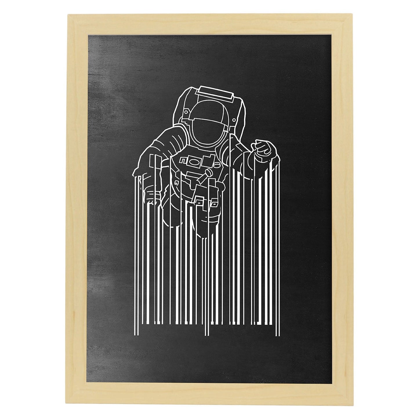 Lámina blanco y negro Astronauta codigo de barrasen Poster con fondo negro estilo pizarra. Papel 250 gr y tintas de alta calidad.-Artwork-Nacnic-A4-Marco Madera clara-Nacnic Estudio SL