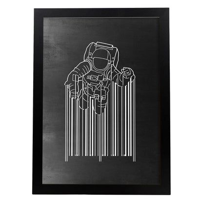 Lámina blanco y negro Astronauta codigo de barrasen Poster con fondo negro estilo pizarra. Papel 250 gr y tintas de alta calidad.-Artwork-Nacnic-A4-Marco Negro-Nacnic Estudio SL