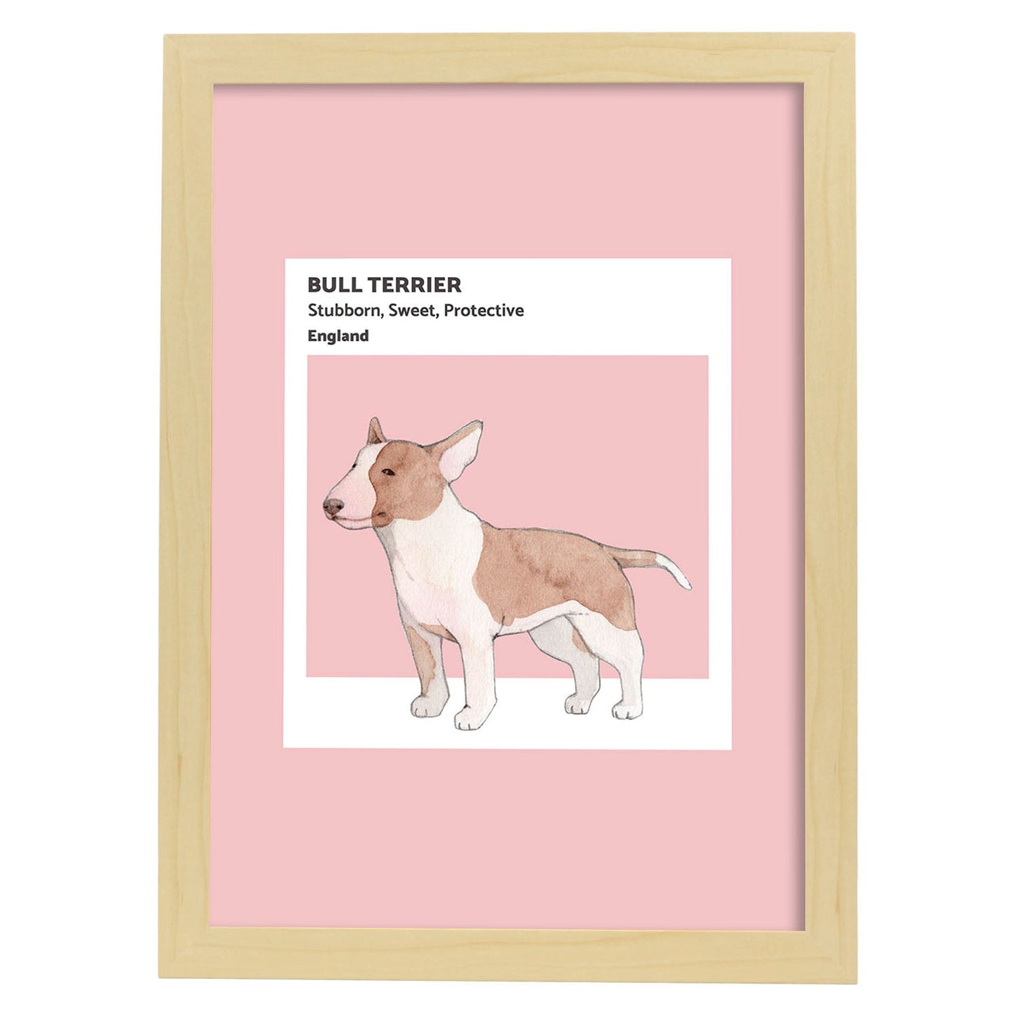Lámina Bull-Terrier. Pósters con ilustraciones de razas de perro en tonos cálidos y pastel.-Artwork-Nacnic-A3-Marco Madera clara-Nacnic Estudio SL