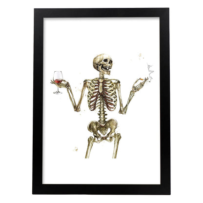 Lámina Chico Esqueleto Bebiendo Vino. Posters con imágenes de Calaveras.-Artwork-Nacnic-A4-Marco Negro-Nacnic Estudio SL